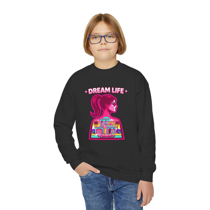 “Dream Life” girls “Barbie style” Youth Crewneck Sweatshirt — Retro Sunset Girl Graphic