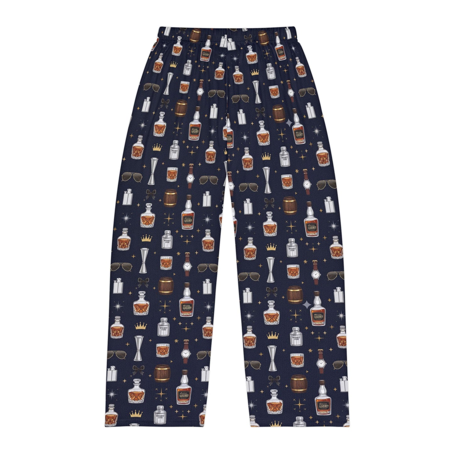 Whiskey Nightmen Pajama Pants — Men's All-Over Print Lounge Pants with Bottle & Glass Pattern