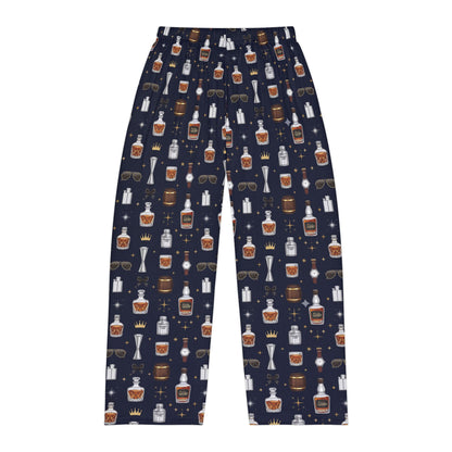 Whiskey Nightmen Pajama Pants — Men's All-Over Print Lounge Pants with Bottle & Glass Pattern
