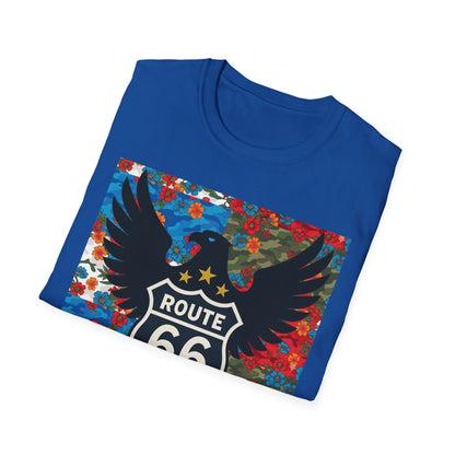 Route 66 Made in USA T-Shirt — Vintage Eagle Floral Roadtrip Tee- camo flower combo T-shirt