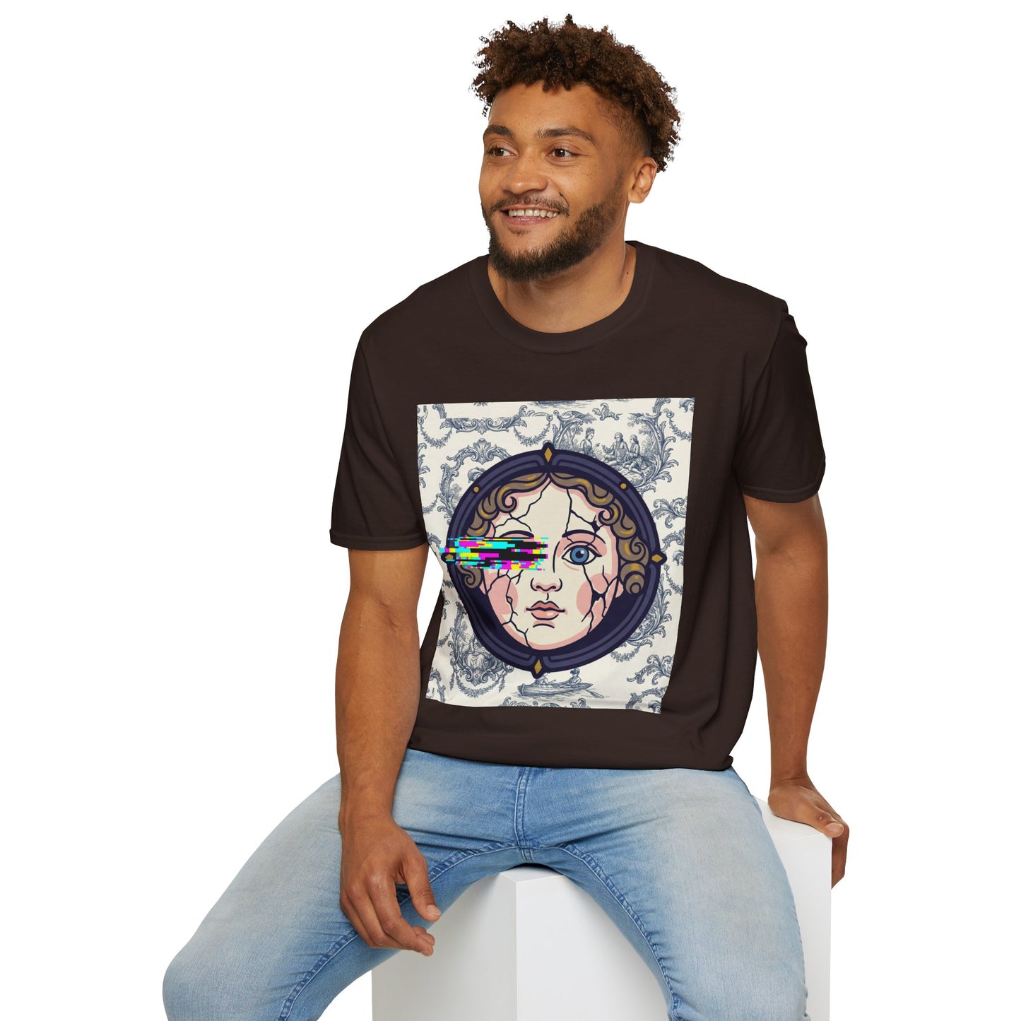 Glitch retro cracked porcelain doll face- Rococo Smartphone Toile - T-Shirt — Retro Mythology Art Tee