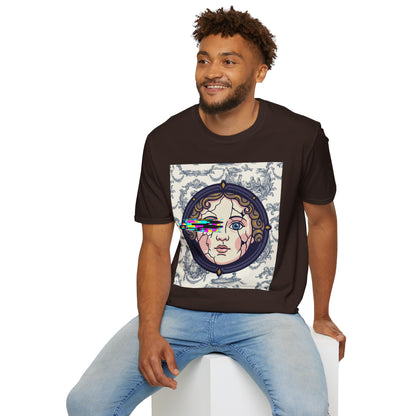 Glitch retro cracked porcelain doll face- Rococo Smartphone Toile - T-Shirt — Retro Mythology Art Tee