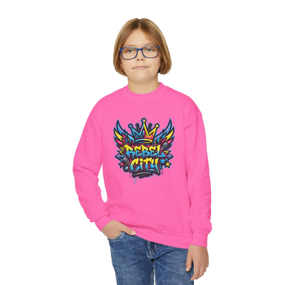 Youth Crewneck spray paint style- Sweatshirt - Colorful Rebel City Graffiti Crown Design