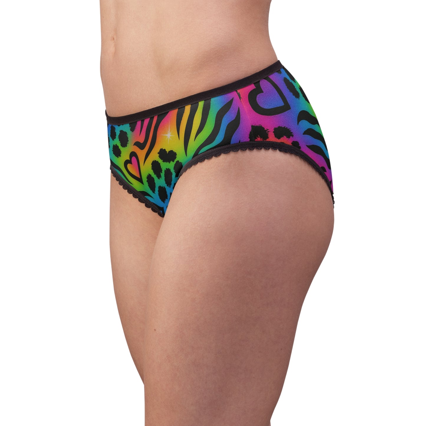 Retro 90’s Rainbow Animal Print Women's Briefs — Neon Leopard & Zebra Hearts All-Over Print