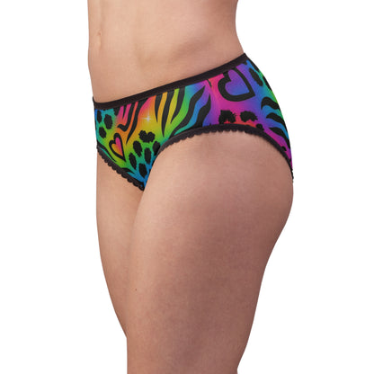 Retro 90’s Rainbow Animal Print Women's Briefs — Neon Leopard & Zebra Hearts All-Over Print