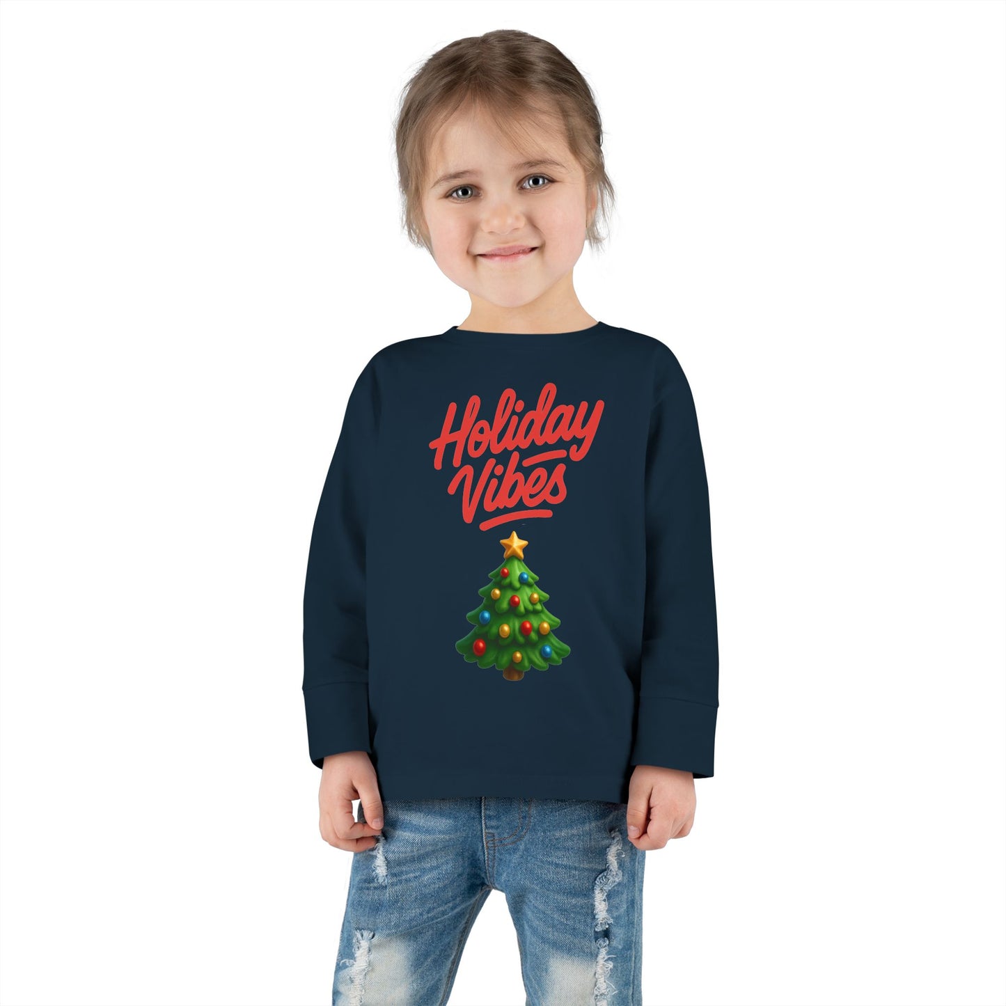 Holiday Vibes unisex Toddler Long Sleeve Tee – Cute Christmas Tree Kids Shirt