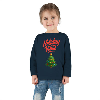 Holiday Vibes unisex Toddler Long Sleeve Tee – Cute Christmas Tree Kids Shirt