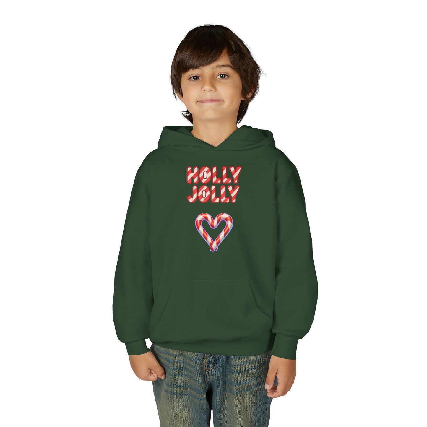 Youth Hoodie — "Holly Jolly" Candy Cane Heart Christmas Sweatshirt