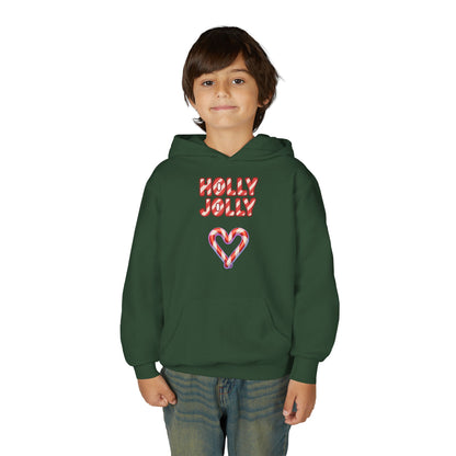 Youth Hoodie — "Holly Jolly" Candy Cane Heart Christmas Sweatshirt