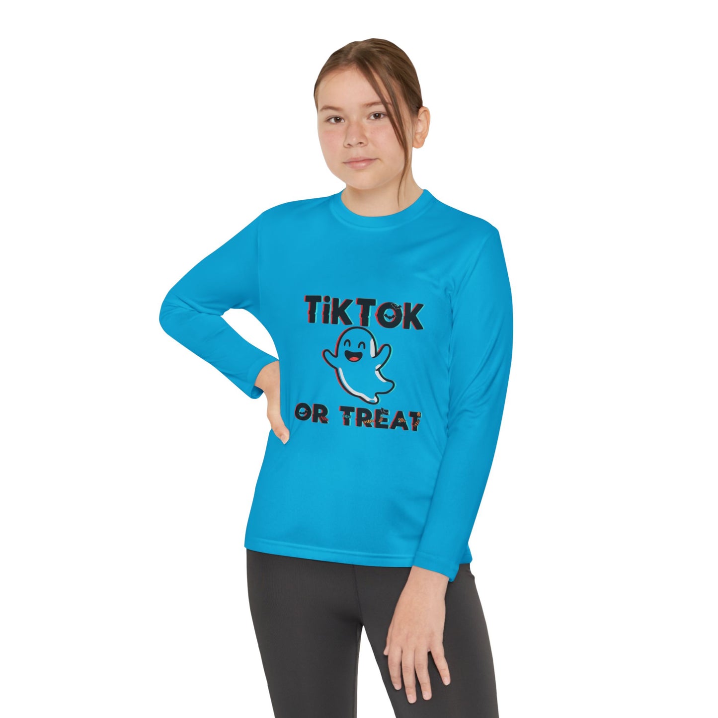 TikTok Halloween Long Sleeve Tee, Youth Costume Shirt, Spooky Apparel, Trick or Treat Top, Youth Ghost Halloween Shirt