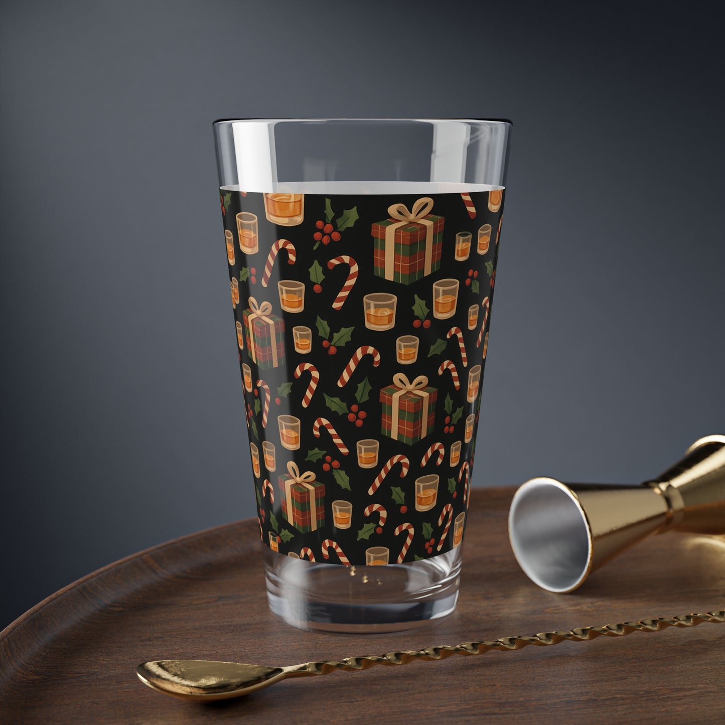 16oz Mixing Glass — Holiday Whiskey Pattern (Candy Canes, Gifts & Holly) (free Shipping)