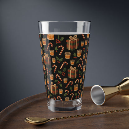 16oz Mixing Glass — Holiday Whiskey Pattern (Candy Canes, Gifts & Holly) (free Shipping)