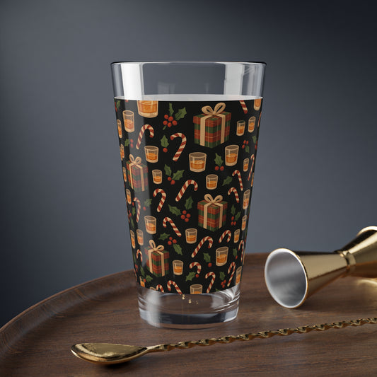 16oz Mixing Glass — Holiday Whiskey Pattern (Candy Canes, Gifts & Holly) (free Shipping)
