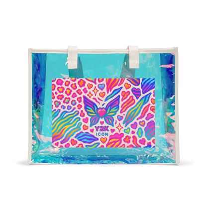 2000’s Holographic Beach Tote Bag — Iridescent Clear Summer Beach Bag