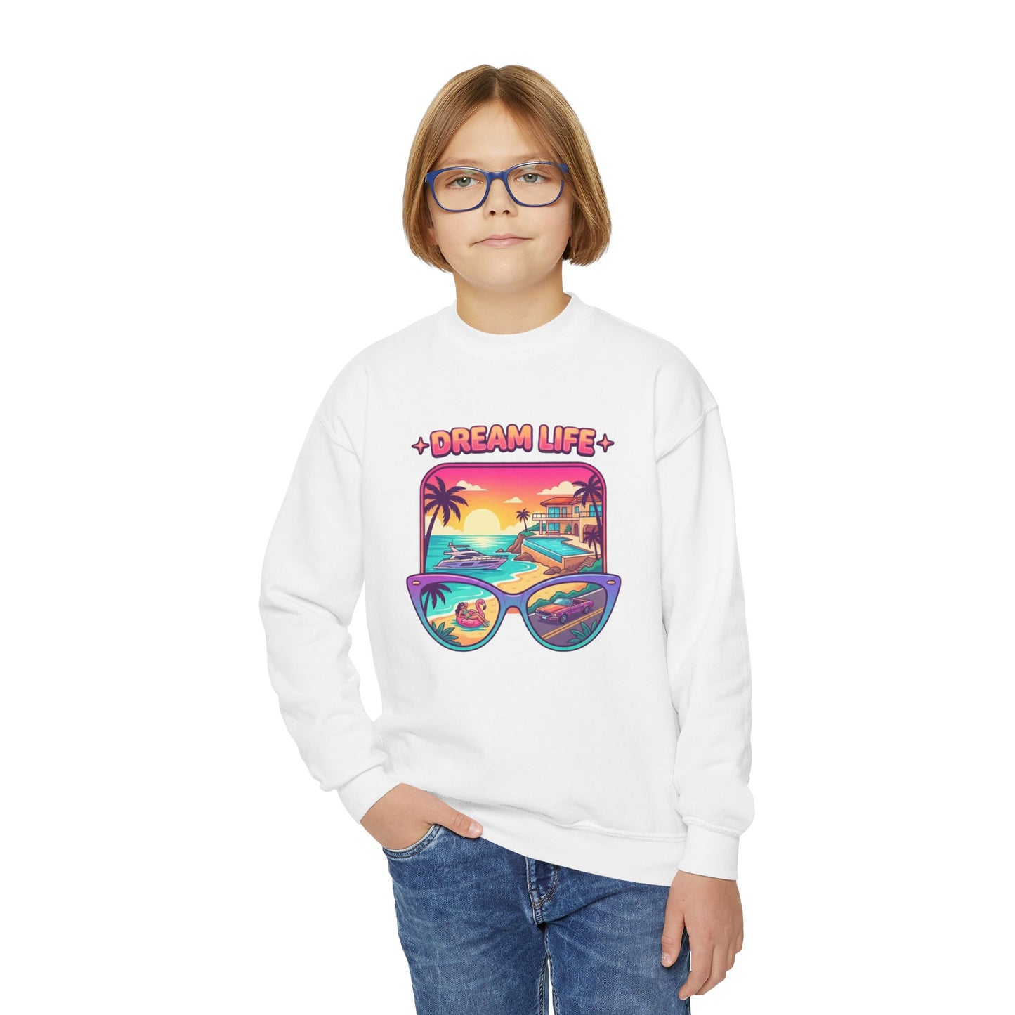 Girls Youth Crewneck Sweatshirt - "Dream Life" Tropical Sunset Graphic