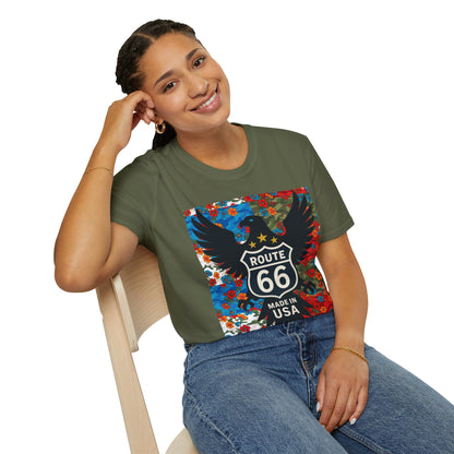 Route 66 Made in USA T-Shirt — Vintage Eagle Floral Roadtrip Tee- camo flower combo T-shirt