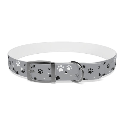 Grey Paw Print Dog Collar — Cute Bone & Paw Design, Durable Adjustable Pet Collar