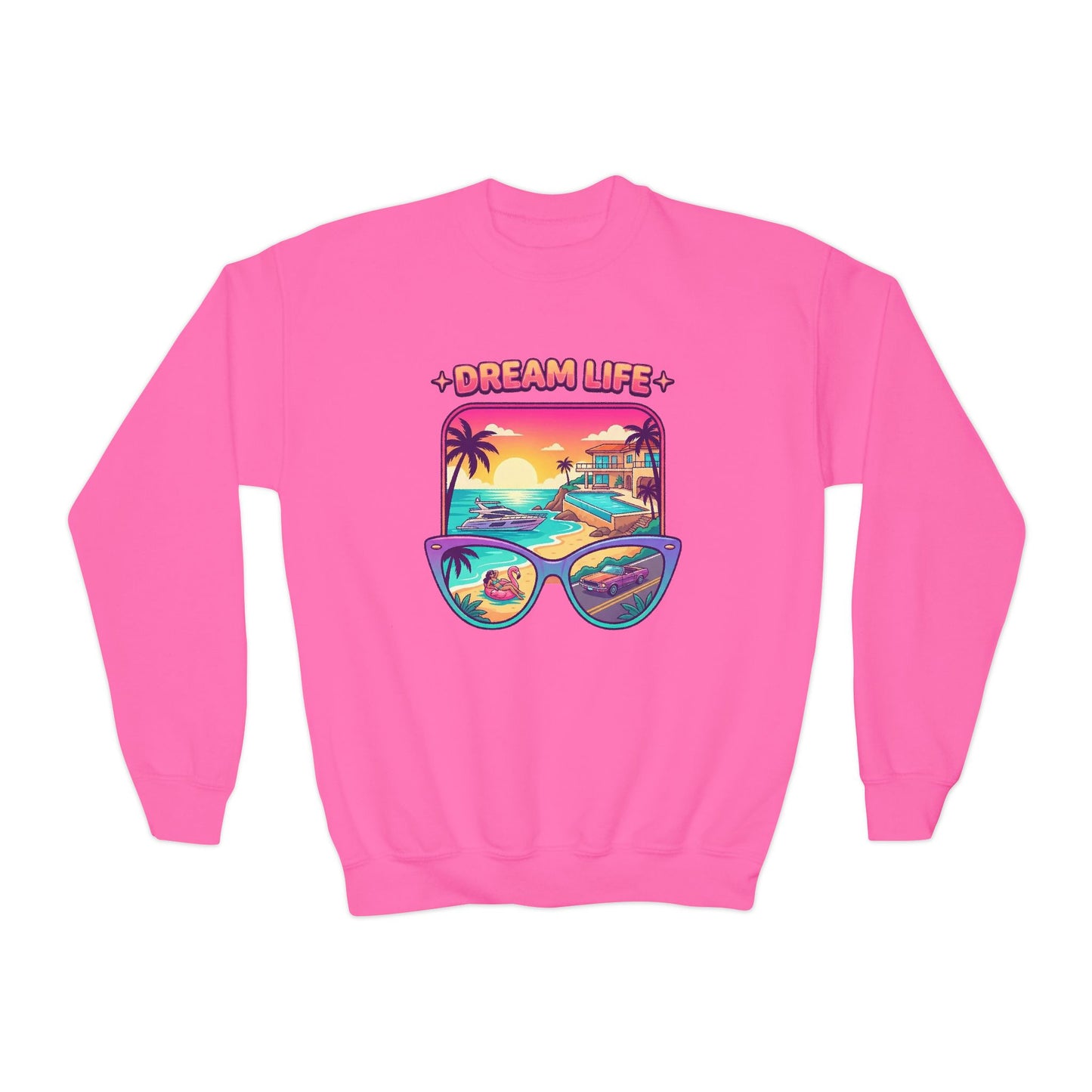Girls Youth Crewneck Sweatshirt - "Dream Life" Tropical Sunset Graphic