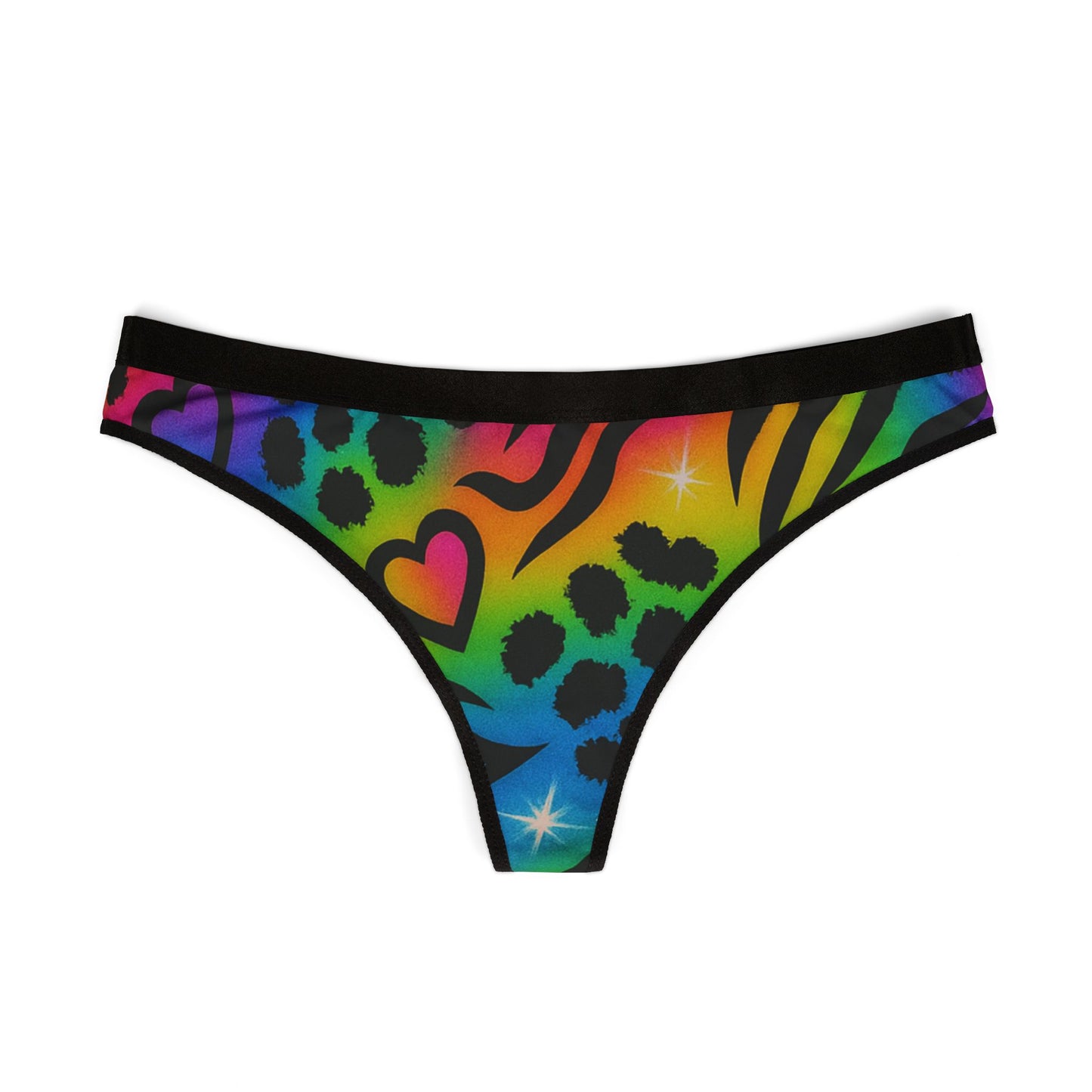 Retro 90’s Rainbow Animal Print Thong — Women's Vibrant Heart & Leopard Print Underwear