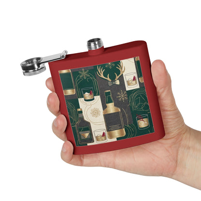 Whiskey Night Stainless Steel Flask — 6oz Holiday Spirits Design ( free shipping)