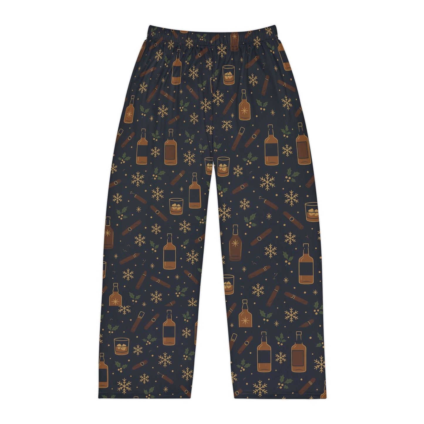 Whiskey Night Pajama Pants — Men’s Cozy Lounge Sleepwear with Bottle & Snowflake Print