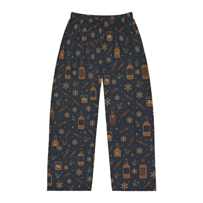 Whiskey Night Pajama Pants — Men’s Cozy Lounge Sleepwear with Bottle & Snowflake Print