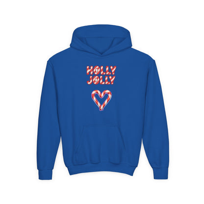 Youth Hoodie — "Holly Jolly" Candy Cane Heart Christmas Sweatshirt