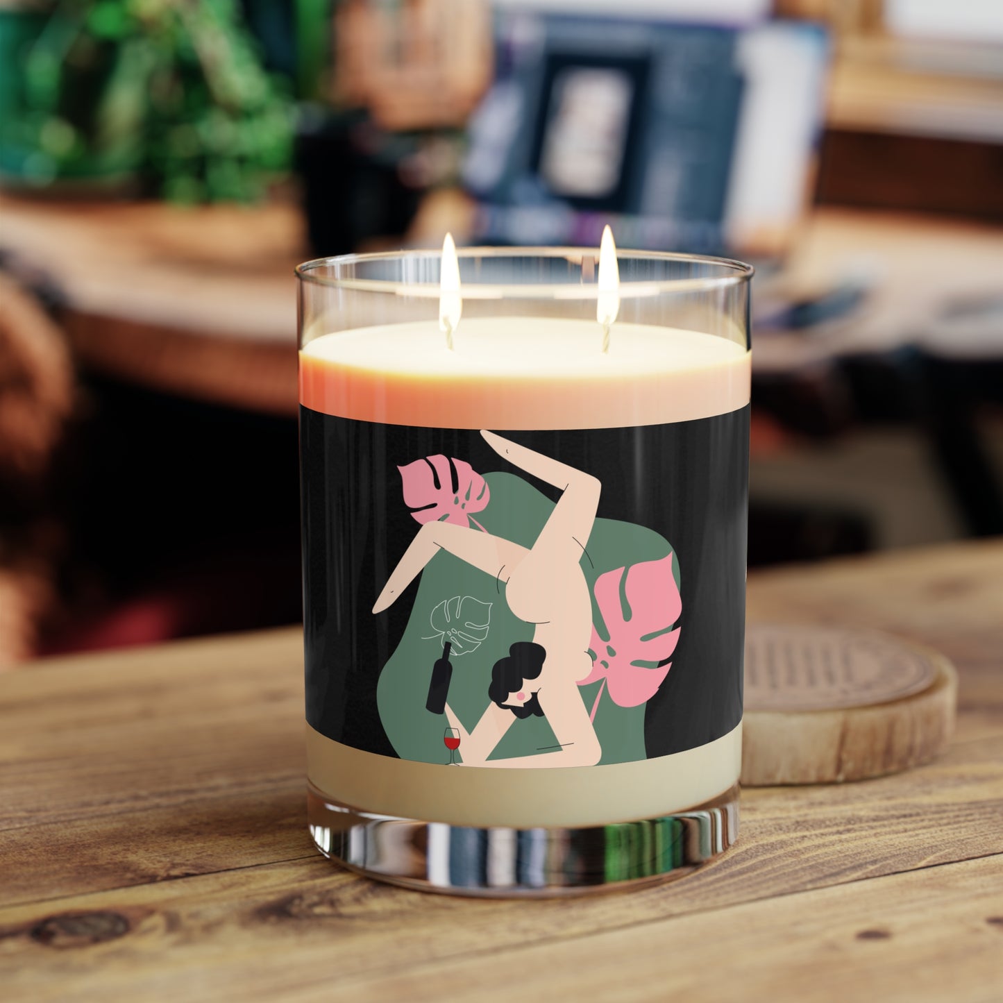Tropical Night Scented Candle — 11oz Glass Candle with Palm Leaf & Wine Girl Art