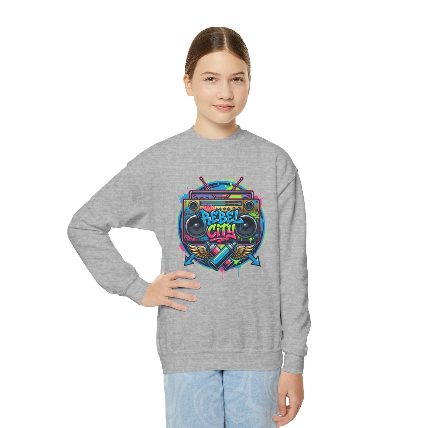 Youth Crewneck Sweatshirt — Vibrant Retro Boombox “Rebel With” spray paint Graphic