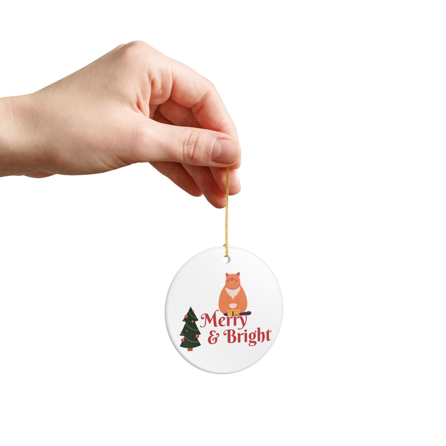 Merry & Bright Cat Ceramic Ornament — Cute Christmas Tree Holiday Decoration