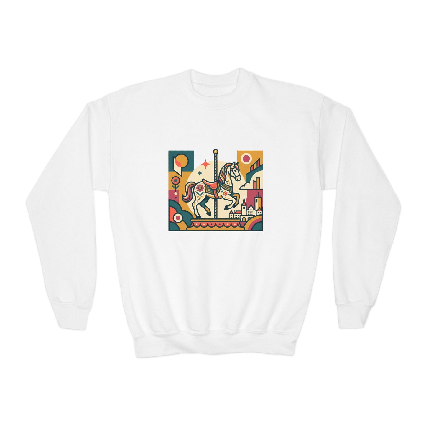 Youth Crewneck Sweatshirt — Retro Carousel Horse Graphic