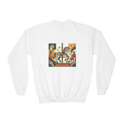 Youth Crewneck Sweatshirt — Retro Carousel Horse Graphic