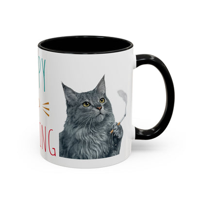Happy and Dazzling smoking Cat Coffee Mug — Cute Cat smoking a cigarette Illustration Accent Mug (11/15 oz) (free shipping)