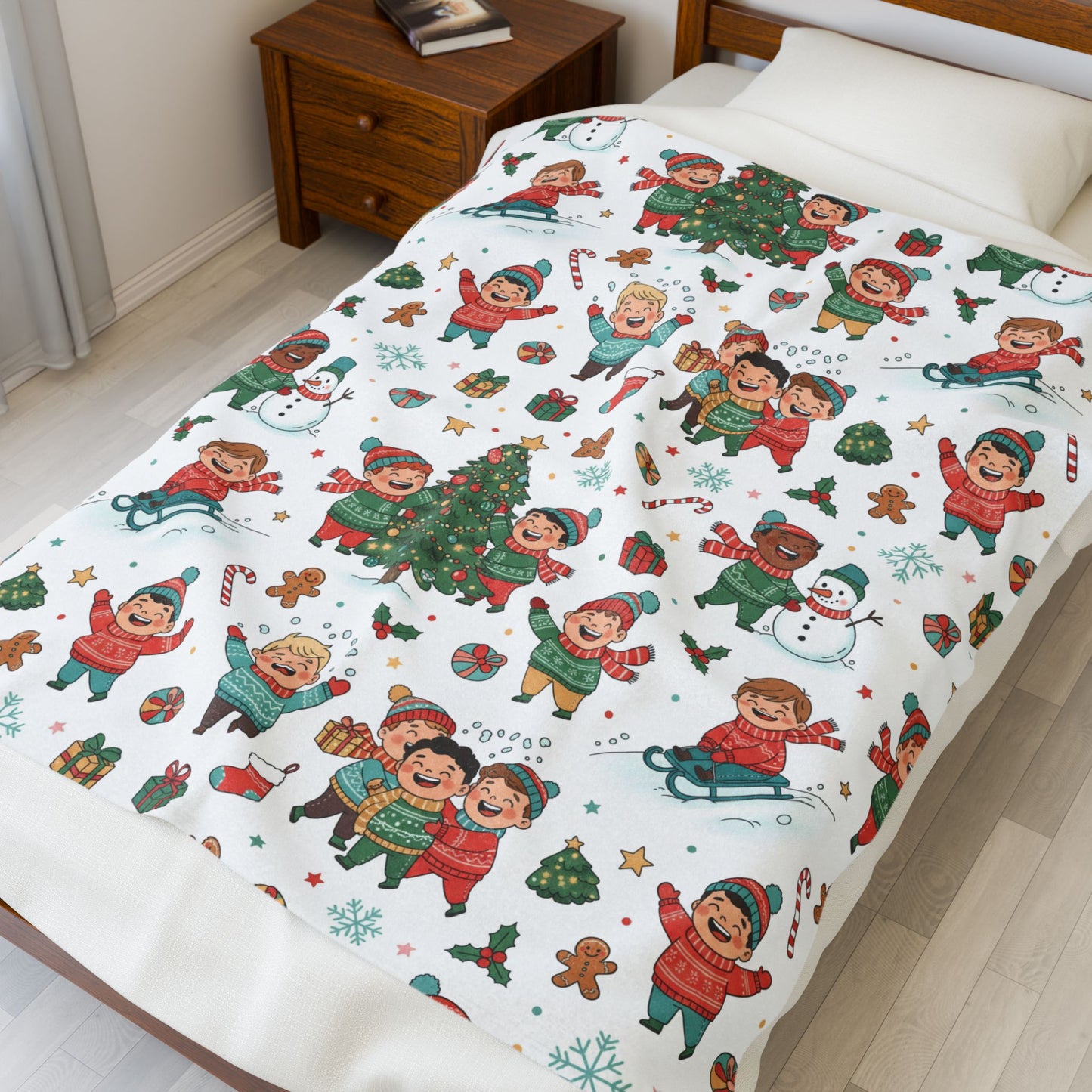 Boy's Christmas Kids Pattern Velveteen Plush Blanket – Festive Tree, Snowman & Carolers Throw