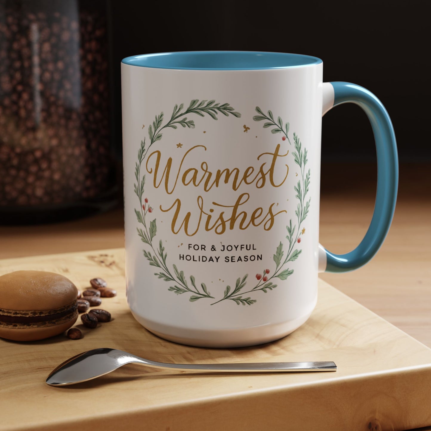Warmest Wishes Holiday Coffee Mug — Festive Wreath Accent Mug (11/15oz)
