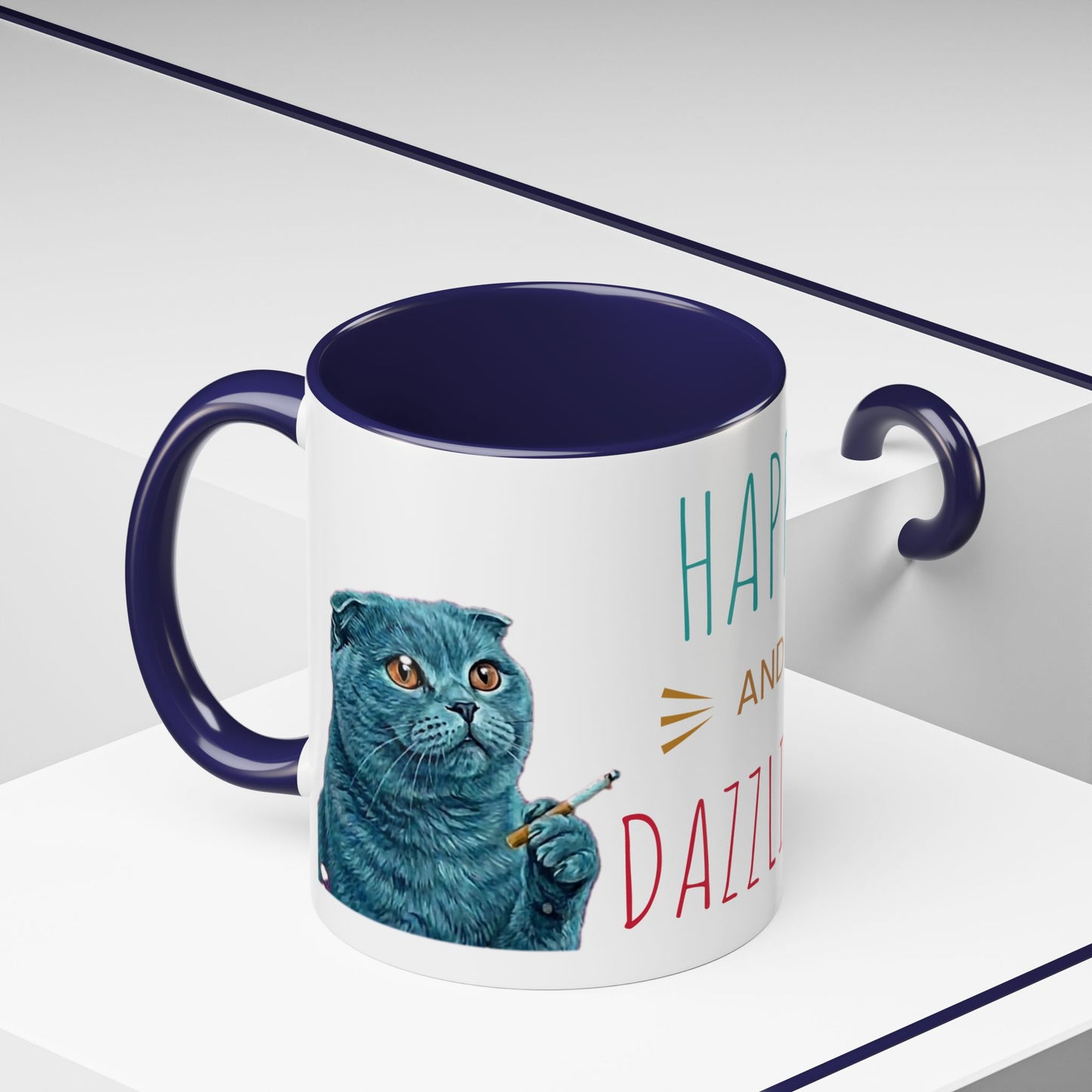 Happy and Dazzling Accent Coffee Mug — Cute Cat Art, Motivational Tea & Coffee Cup (free shipping)