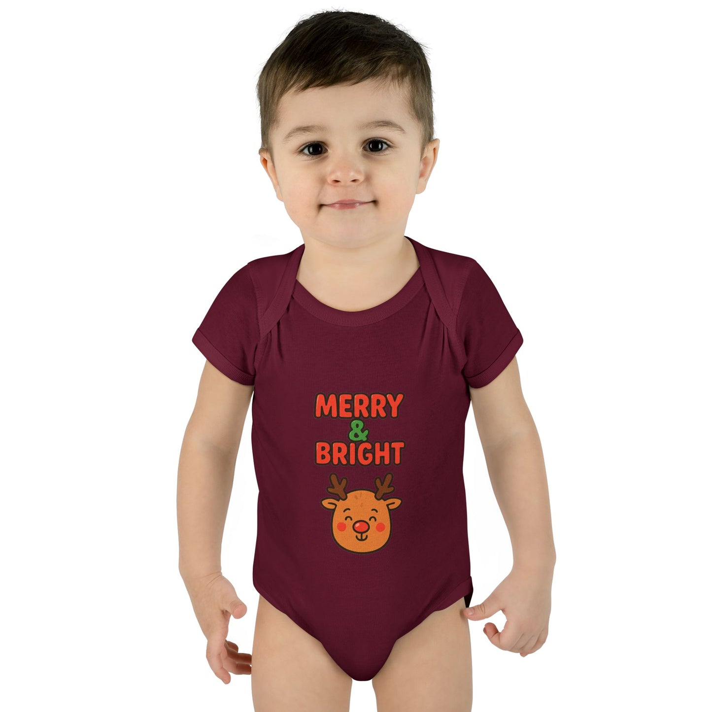 Merry & Bright Baby Bodysuit - Cute Reindeer Christmas Infant Onesie