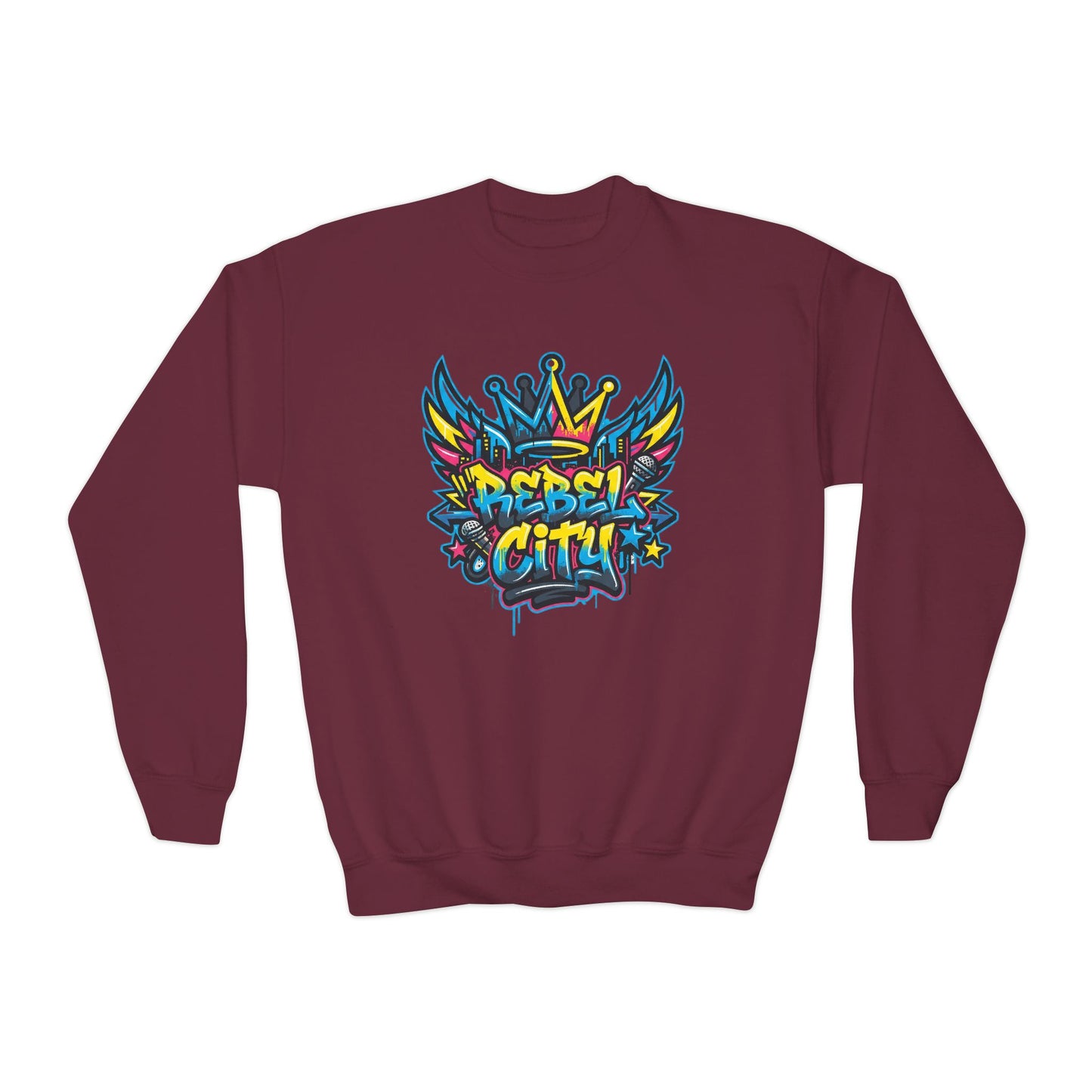 Youth Crewneck spray paint style- Sweatshirt - Colorful Rebel City Graffiti Crown Design