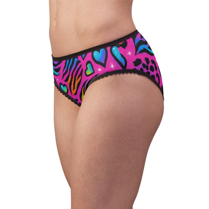 90s bright rainbow sticker animal-print pattern (leopard + zebra + tiger), neon colors, sparkles, hearts, seamless repeat tile Women's Briefs — Colorful Rainbow Zebra Print