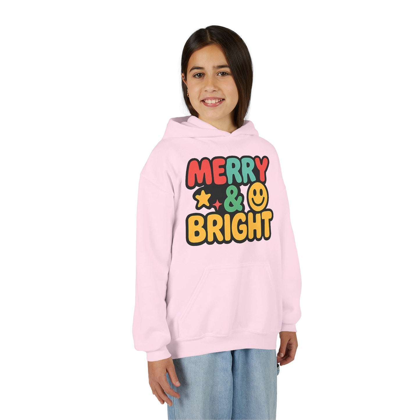 Youth Hoodie — 'Merry & Bright' Colorful Holiday Kids Sweatshirt