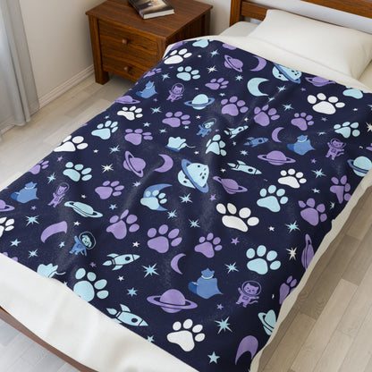 Velveteen Plush Blanket — Space Cat Paw Print Throw (Purple & Navy)