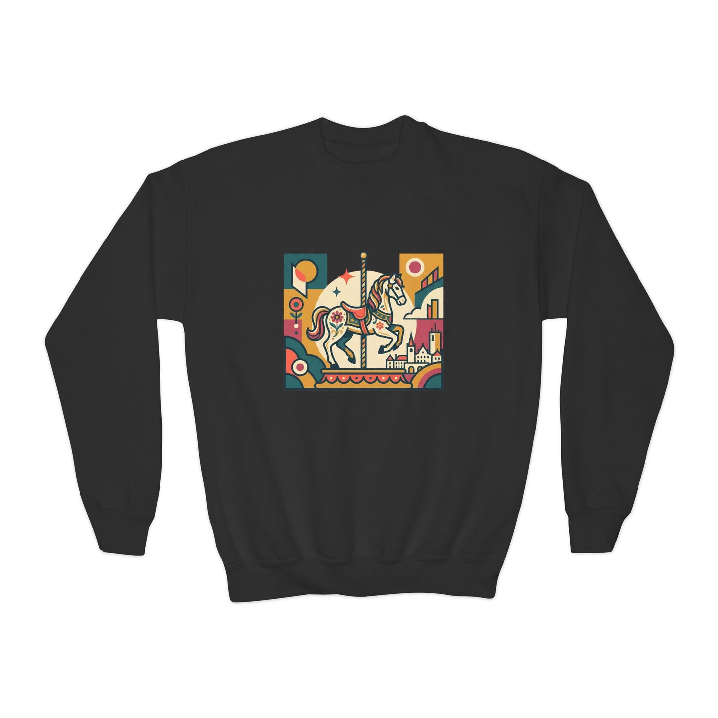 Youth Crewneck Sweatshirt — Retro Carousel Horse Graphic