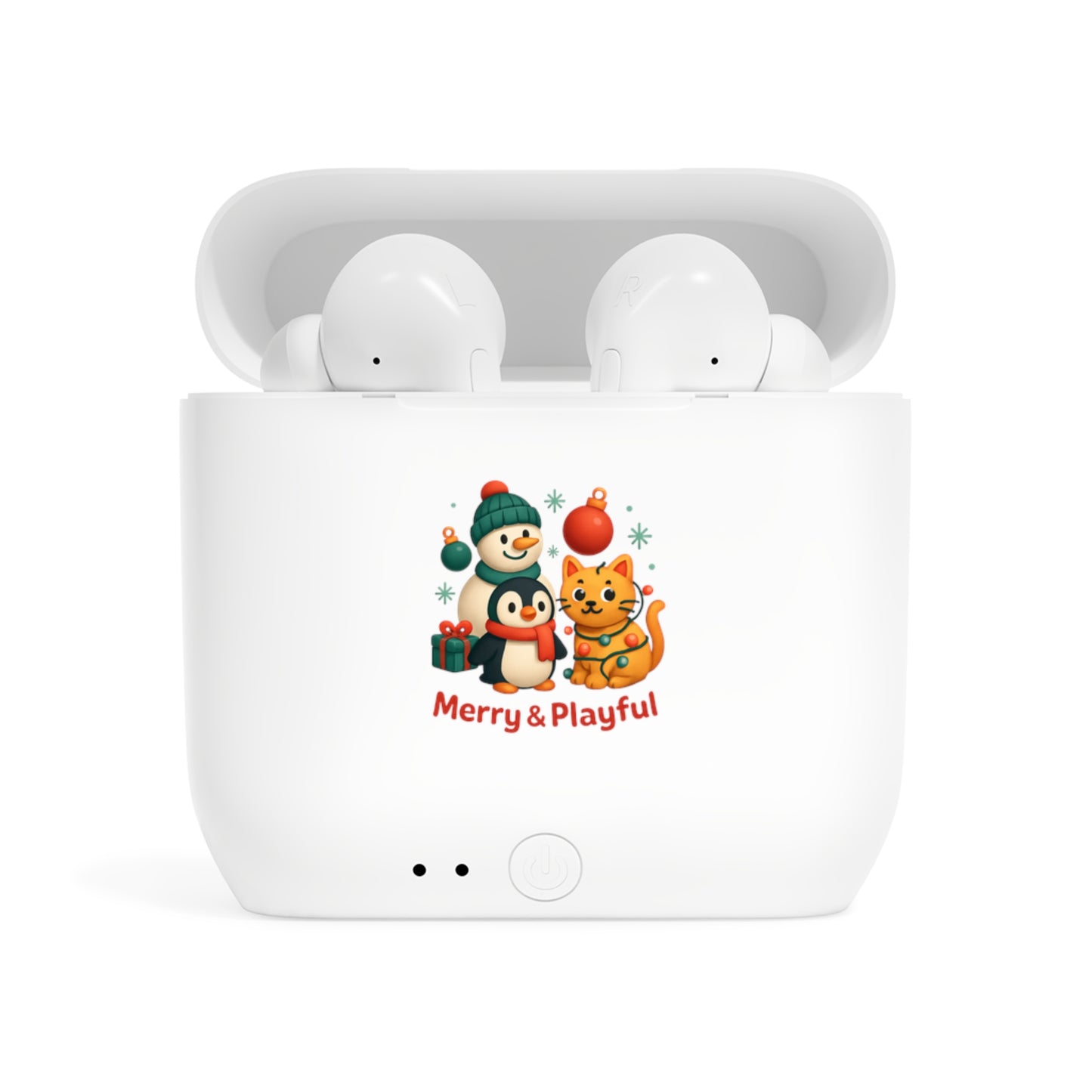 Wireless Earbuds Case — Merry & Playful Holiday Penguin and Cat Design