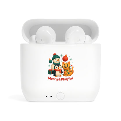 Wireless Earbuds Case — Merry & Playful Holiday Penguin and Cat Design