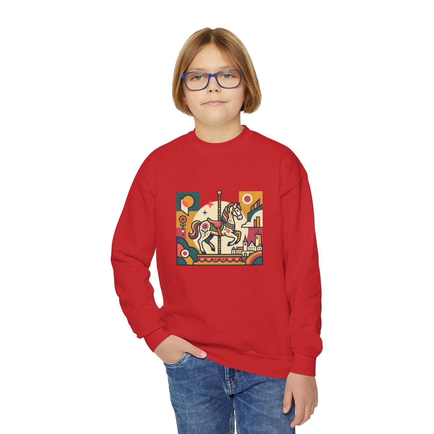 Youth Crewneck Sweatshirt — Retro Carousel Horse Graphic
