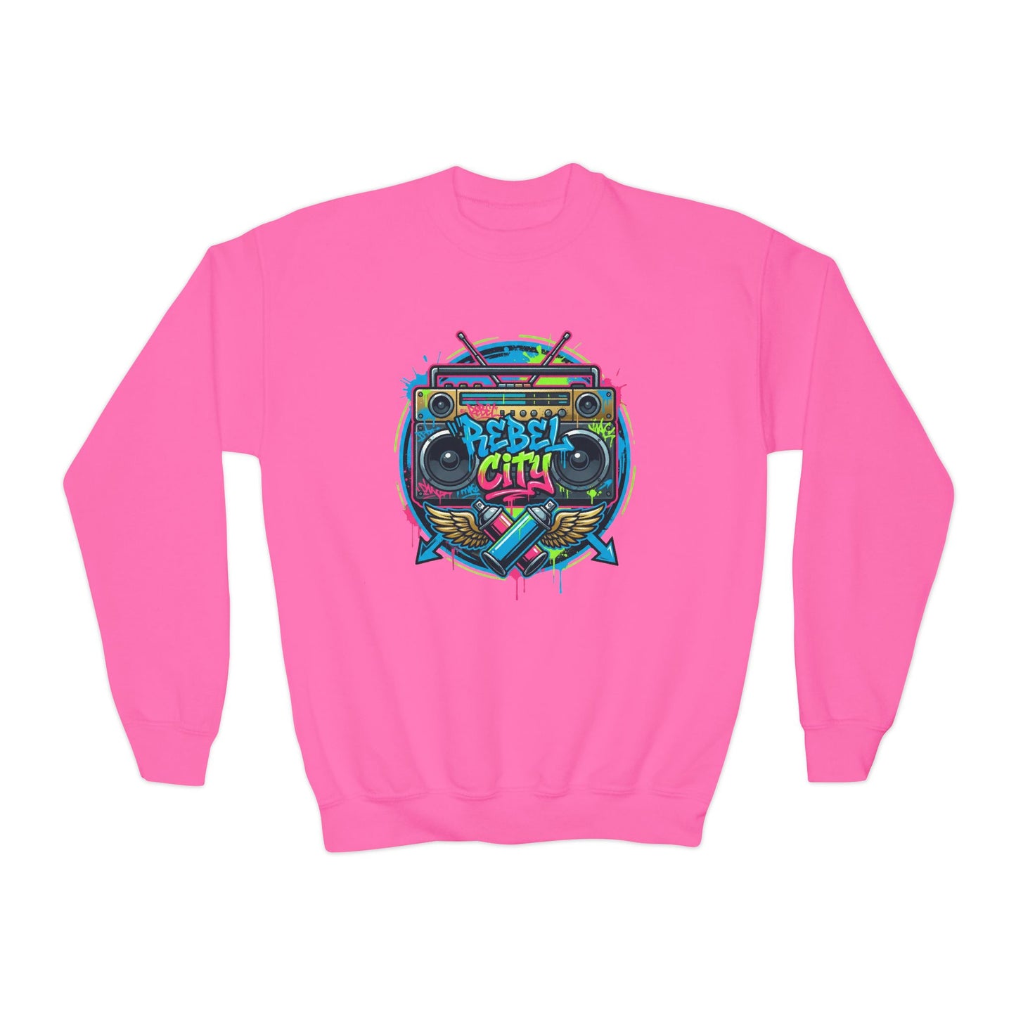 Youth Crewneck Sweatshirt — Vibrant Retro Boombox “Rebel With” spray paint Graphic