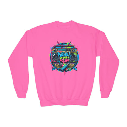 Youth Crewneck Sweatshirt — Vibrant Retro Boombox “Rebel With” spray paint Graphic