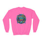 Youth Crewneck Sweatshirt — Vibrant Retro Boombox “Rebel With” spray paint Graphic