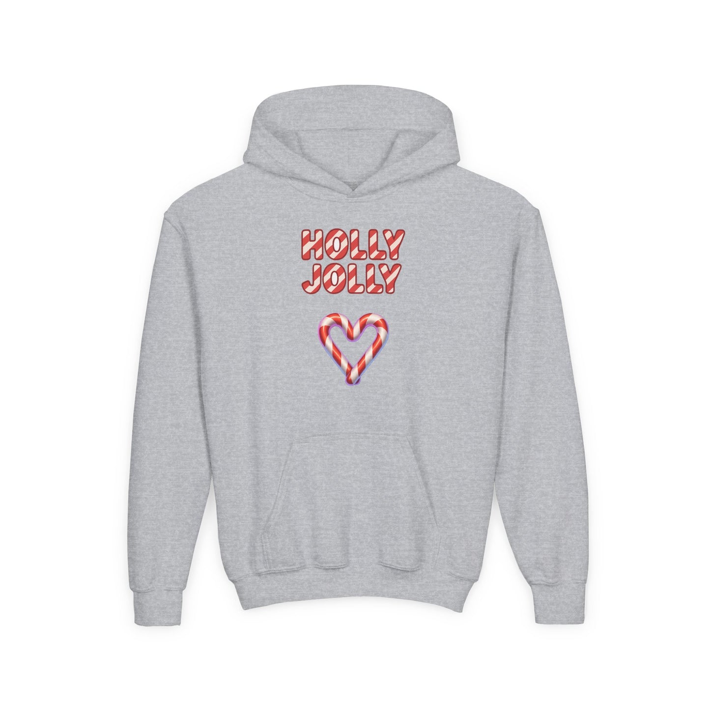 Youth Hoodie — "Holly Jolly" Candy Cane Heart Christmas Sweatshirt