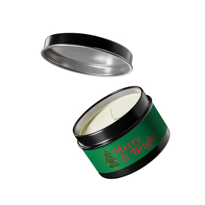 Merry & Bright Christmas eco-friendly Tin Candle — Holiday Scented Soy Candle- the give back candle collection